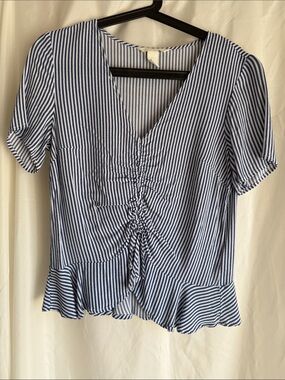 H&M Blue and White Striped V-Neck Ruched Peplum Top